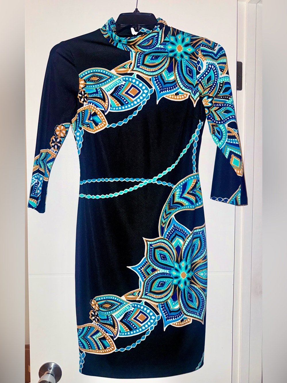 Cache Black Midi Dress with Blue, Teal & Gold Floral Print